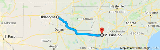 Oklahoma to Mississippi Auto Transport Route