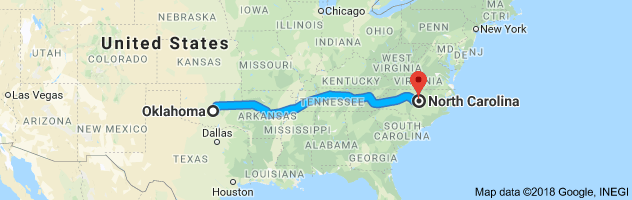 Oklahoma to North Carolina Auto Transport Route