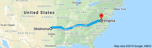 Oklahoma to Virginia Auto Transport Route