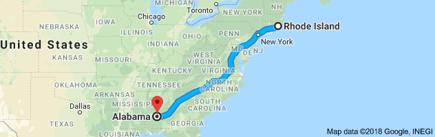 Rhode Island to Alabama Auto Transport Route