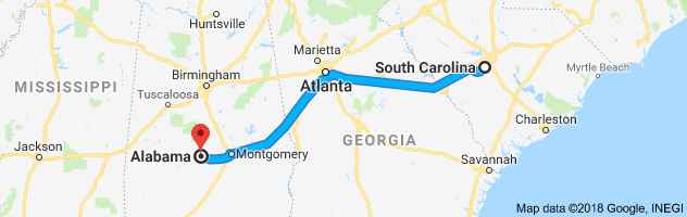 South Carolina to Alabama Auto Transport Route