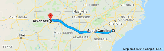 South Carolina to Arkansas Auto Transport Route