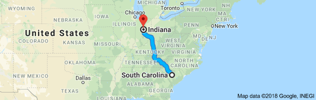 South Carolina to Indiana Auto Transport Route
