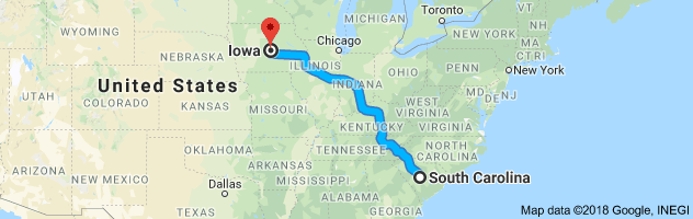 South Carolina to Iowa Auto Transport Route