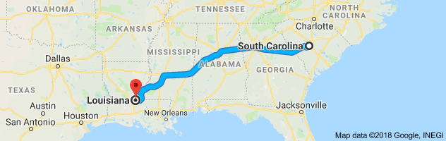 South Carolina to Louisiana Auto Transport Route