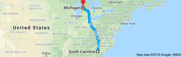 South Carolina to Michigan Auto Transport Route