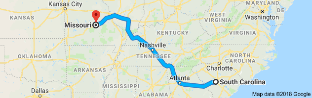 South Carolina to Missouri Auto Transport Route