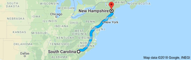 South Carolina to New Hampshire Auto Transport Route