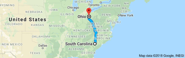 South Carolina to Ohio Auto Transport Route