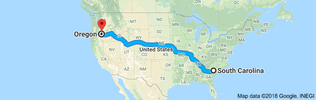 South Carolina to Oregon Auto Transport Route