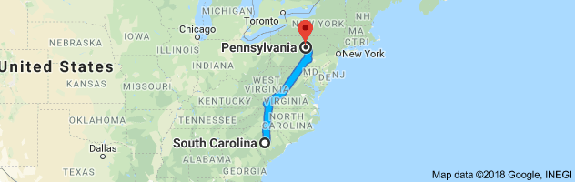 South Carolina to Pennsylvania Auto Transport Route