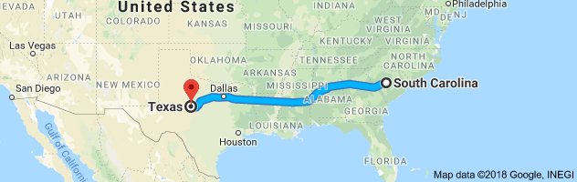 South Carolina to Texas Auto Transport Route