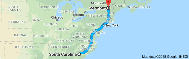 South Carolina to Vermont Auto Transport Route