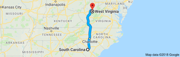 South Carolina to West Virginia Auto Transport Route