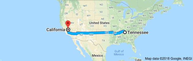Tennessee to Califormia Auto Transport Route