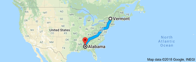 Vermont to Alabama Auto Transport Route