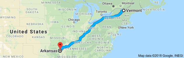 Vermont to Arkansas Auto Transport Route