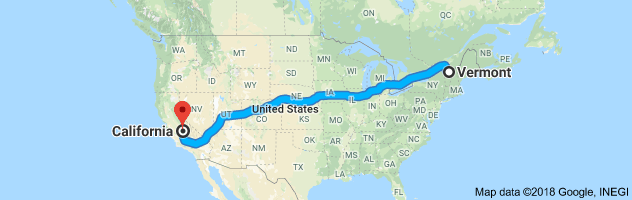 Vermont to California Auto Transport Route