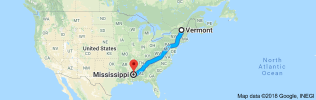 Vermont to Mississippi Auto Transport Route