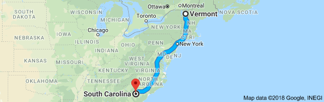 Vermont to South Carolina Auto Transport Route