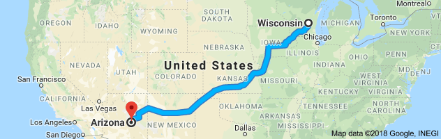 Wisconsin to Arizona Auto Transport Route