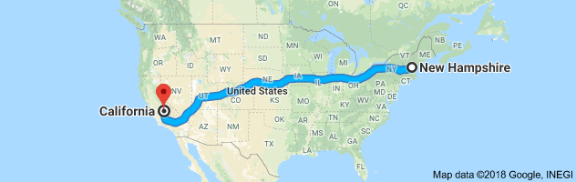 New Hampshire to California Auto Transport Route