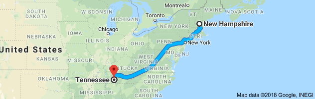 New Hampshire to Tennessee Auto Transport Route